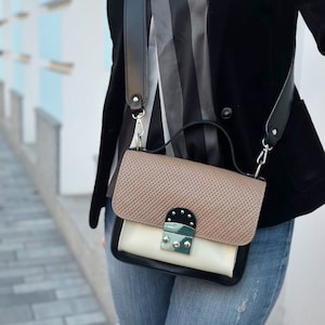 Genuine leather crossbody, coffee beige black bag, medium bag with wide shoulder strap, leather ladies bag, elegant bag