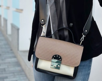 Genuine leather crossbody, coffee beige black bag, medium bag with wide shoulder strap, leather ladies bag, elegant bag