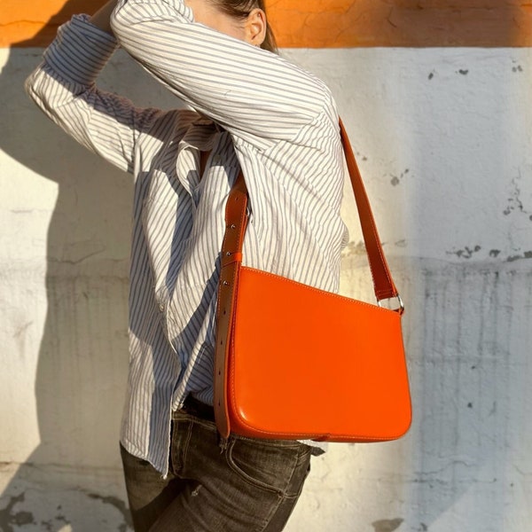 Bolso bandolera de cuero naranja, bolso naranja, bolso de cuero naranja, regalo para ella