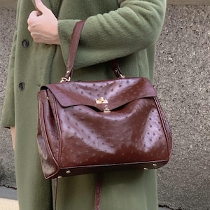Brown ostrich handbag, handbag made of genuine ostrich leather, leather handbag, brown shoulder bag