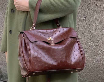 Brown ostrich handbag, handbag made of genuine ostrich leather, leather handbag, brown shoulder bag