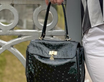 Bolsa transversal preta em couro de avestruz, bolsa transversal feita de couro de avestruz genuíno, bolsa transversal de couro, bolsa transversal preta