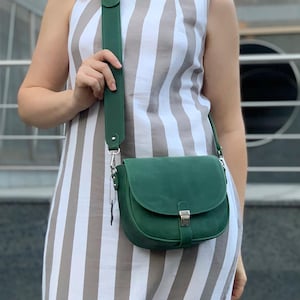 Green leather crossbody, bag with wide shoulder strap, green crossbody, Made in Ukraine