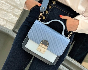 Blue crossbody with wide strap, leather shoulder bag, leather crossbody, rectangular bag