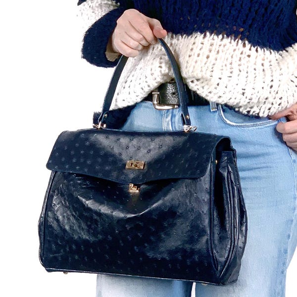 Blue ostrich handbag, handbag made of genuine ostrich leather, leather handbag, blue shoulder bag