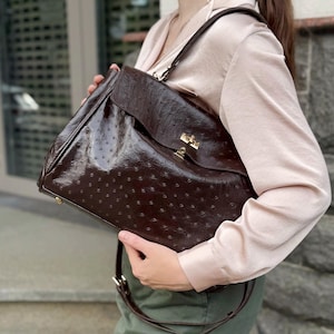 Brown ostrich handbag, handbag made of genuine ostrich leather, leather handbag, brown shoulder bag