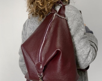 Available in 21 colors! Burgundy leather backpack for women, genuine leather rucksack, burgundy rucksack for women, gift for her