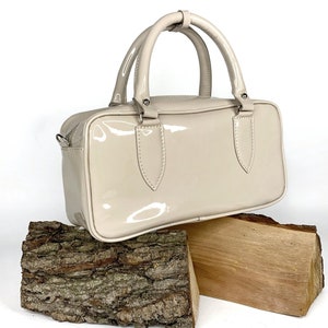 Beige patent leather shoulder bag, ivory leather bag, gift for her, made in Ukraine, glossy bag