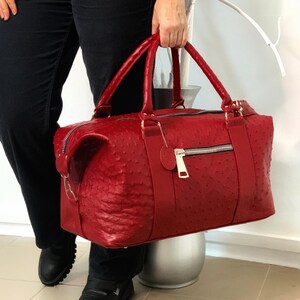 Ostrich leather travel bag for short trips, classic red weekender, genuine ostrich leather, leather duffel bag