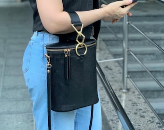 Black leather bucket bag, black leather bag, shoulder leather bag, summer bag, black shoulder bag