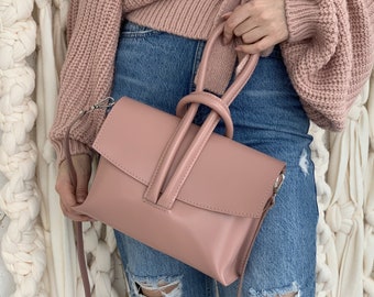 Verkrijgbaar in 17 kleuren! Roze leren handtas, exclusieve tas, kleine crossbody