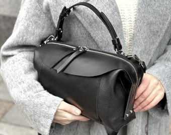 Schwarze Leder Crossbody Tasche, Leder Handtasche, Damen Umhängetasche