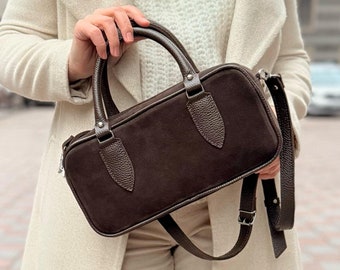 Dostępna w 6 kolorach! Brązowa torba ze skóry zamszowej, brązowa torba na ramię, torba zamszowa, brązowa torba, prezent dla niej, torba typu bagietka, wyprodukowano na Ukrainie