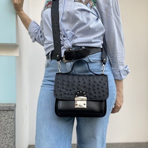 Black crossbody bag, genuile ostrich leather, black handbag, medium bag with wide shoulder strap, leather crossbody, gift for her image 2
