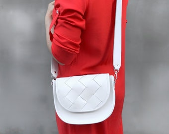 Available in 17 colors! White crossbody with flap, bag with wide shoulder strap, white crossbody purse, gift for her, leather crossbody bag