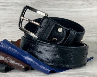 Genuine ostrich leather belt, black genuine ostrich leather belt, Made in Ukraine.