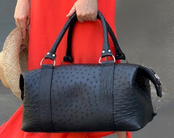 Black ostrich leather travel bag, black weekender, real ostrich leather, leather duffel bag, carry-on bag