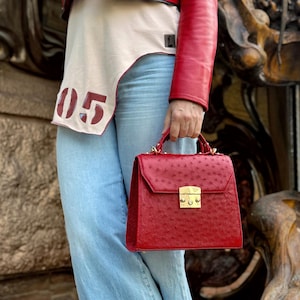 Red ostrich leather crossbody, genuine ostrich leather, Made in Ukraine, luxury bag, red crossbody bag