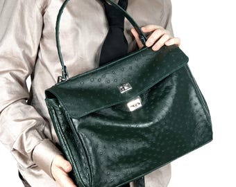 Green ostrich leather handbag, handbag made of genuine ostrich leather, leather handbag, green shoulder bag