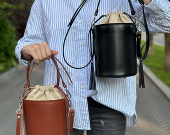 Leather crossbody bucket bag, black leather crossbody, brown crossbody purse