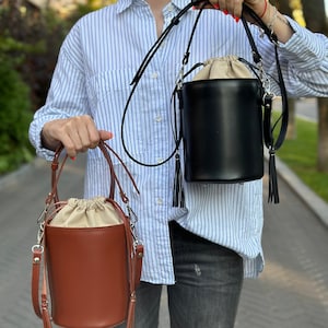 Leather crossbody bucket bag, black leather crossbody, brown crossbody purse image 1