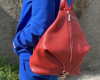 Available in 21 colors! Red leather backpack for women, genuine leather rucksack, red rucksack for women, gift for her