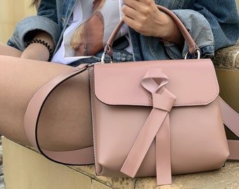 Medium crossbody bag made of genuine leather, pink bag, bright color bag,  fuchsia, white, black, beige, stylish leather bag