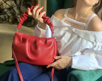 Red leather hobo bag, elegant soft bag, crossbody bag, red hobo bag, leather shoulder bag, gift for her