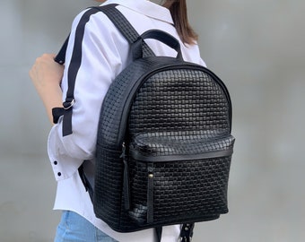 Black leather backpack, leather backpack for women, black leather knapsack, large backpack, women's backpack