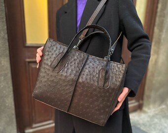 Brown ostrich handbag, handbag made of genuine ostrich leather, leather handbag, brown shoulder bag, brown handbag