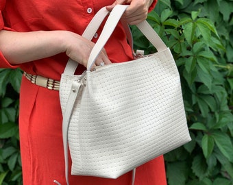 Braided leather beige bag made of genuine leather which imitates weaving, gift for her, ivory shoulder bag