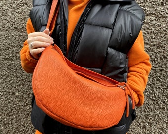 Orange echte Ledertasche, weiche mittlere Crossbody, helle Ledertasche, Schultertasche