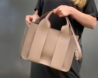 Beige handbag,genuine leather tote bag, custom handbag purse