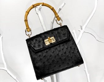 Black ostrich leather crossbody, genuine ostrich leather, with bamboo handle, Made in Ukraine, luxury bag