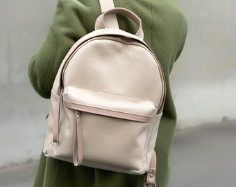 Available in 21 colors! Large leather backpack for women, beige backpack made of genuine leather, large backpack purse