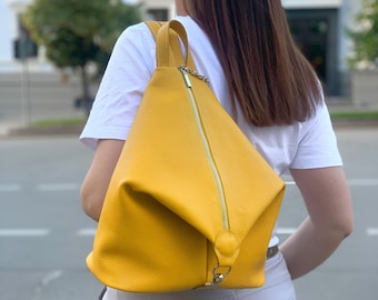 Available in 21 colors! Yellow leather backpack for women, genuine leather rucksack, yellow rucksack for women, gift for her