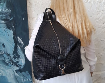 Zaino nero da donna, borsa in vera pelle intrecciata, regalo personalizzato