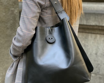 Schwarzer echter Leder-Shopper, schwarze Ledertasche, Ledertasche, Geschenk für Frauen, Einkaufstasche, Frauentasche, lässige Ledertasche