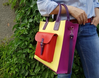 Yellow tote bag, shopper bag, leather handbag, office bag, shopper with zipper