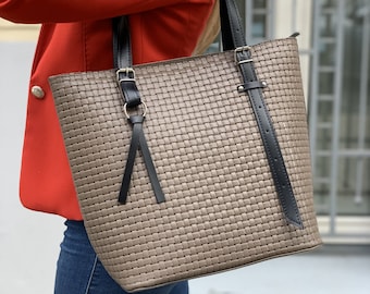 Beige tote bag, office bag, woven leather bag