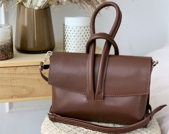 Brown leather handbag, unusual crossbody