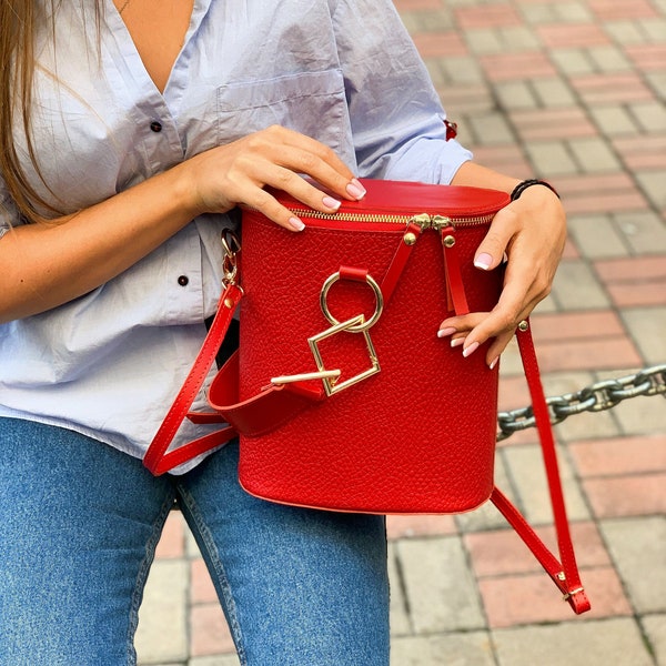 Bucket bag, Leather red Bag, Shoulder Leather Bag