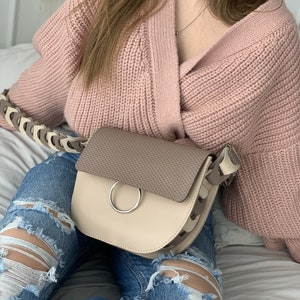 Available in 17 colors! Beige crossbody bag with a flap, bag with a wide shoulder strap