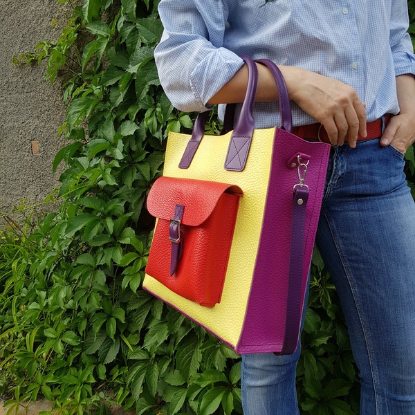 Gelbe Einkaufstasche, Shopper tasche, Leder Handtasche, Bürotasche, Shopper mit Reißverschluss