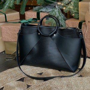 Black leather handbag, black shoulder bag, black handbag, office bag, gift for her image 1