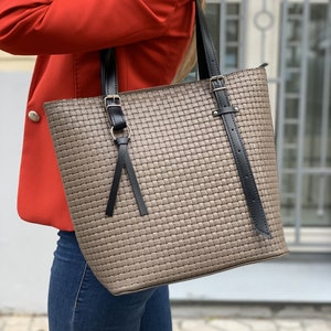 Beige tote bag, office bag, woven leather bag image 1