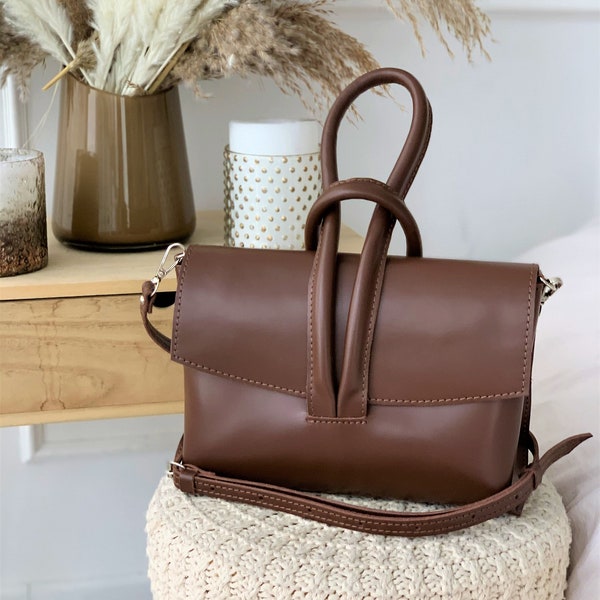 Brown leather handbag, unusual crossbody