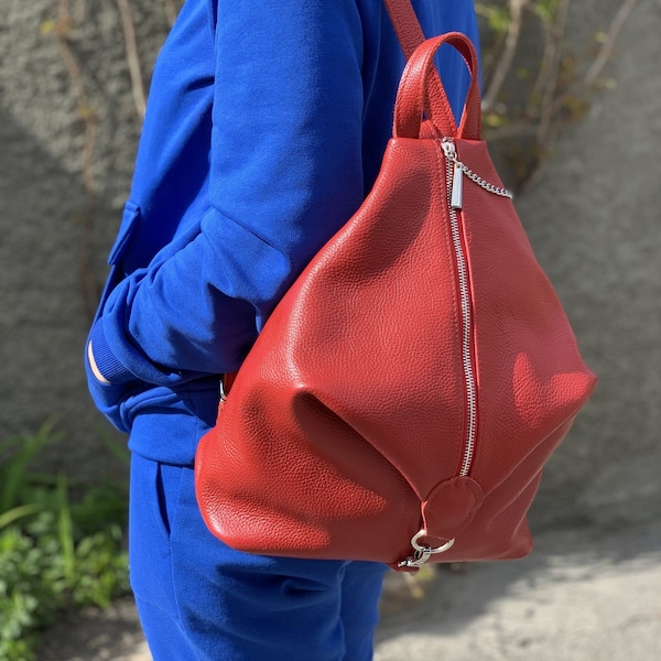 Available in 21 colors! Red leather backpack for women, genuine leather rucksack, red rucksack for women, gift for her