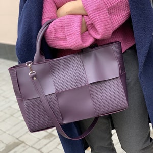 Purple leather handbag, laptop bag, large elegant bag, woven bag, office bag