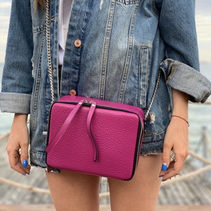 Pink leather crossbody, square bag, bag with a chain, crossbody for women, crossbody purse, summer bag, bright crossbody, gift for her
